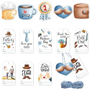WATINC Fathers Day Gift Tags - 137pcs Father's Day Best Dad Hanging Tag Paper Label with String Gift Decoration, Blue White Ornament Envelope Present Wrap for Thanksgiving Fireplace Tree Hang Decor