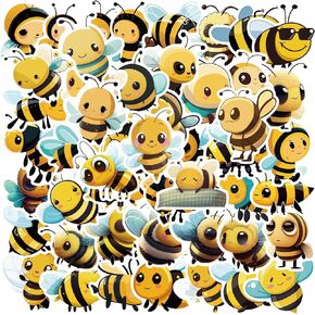 Bee Sticker, 50pcs Cute Cartoon Bee Stickers for Water Bottle, Waterproof Vinyl Stickers for Laptop Skateboard Guitar Phone Car Decals, Insect Honeybee Stickers for Kids Teens Adults Girls