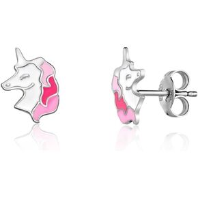UNICORNJ Sterling Silver 925 Unicorn Earrings Stud for Girls with Enamel