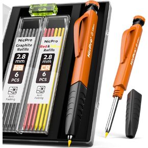 Nicpro 2 Pack Carpenter Pencil Set with Sharpener & Finger Grip, Mechanical Woodworking Pencils with 26 Refills (Red, Black, Yellow), Deep Hole Marker Heavy Duty Construction Pencils - With Case