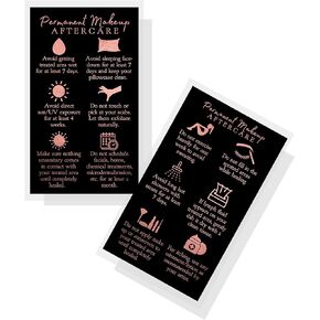 Permanent Makeup Aftercare Instructions Card | 50 Pack 2x3.5 inch inches Business Size PMU Black with Non-Metallic Rose Gold Foil Design, gold,
