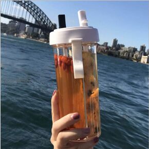 Creative Water Cup,One Cup of Two Different Drinks Two Straws Couple Outdoor 600ml Drinking Cup for Camping Hiking Backpacking Travel Office,A
