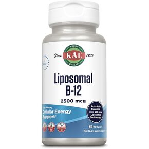 KAL Liposomal Vitamin B12 2500 mcg, High Absorption, Liposomal Technology, Cellular Energy Support, Vegan Capsules, Gluten Free, Made Without Soy, 30 Servings
