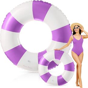 Jumbo Pool Floats 48 Inch Swimming Ring Purple Striped Pool Rings Inflatable Tube Pool Tube for Kids Adult Swimming Pool Summer Beach Bachelorette Wedding Party Decor Supplies
