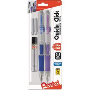 Pentel Quick Click Mechanical Pencil, 0.5 Mm, Hb (#2.5), Black Lead, Assorted Barrel Colors, 2/Pack