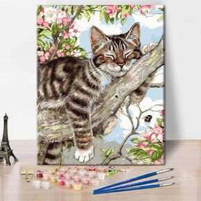 DIY Paint by Numbers Hand Painting Cat Series on Canvas for Adults Beginner Kids Drawing with Brushes Festival Gift House Decorations No Frame Cat Snuggling in The Treetops-16x20 in in Saudi Arabia