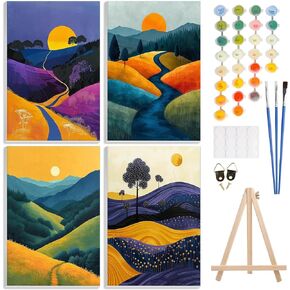 4 Pack Paint by Number Kits for Adults Beginners Framed Canvas, DIY Adult Paint by Number Kits with Easel, Acrylic Easy Paint by Numbers, Sunset Mountains Arts and Crafts for Home Decor 8x12inch