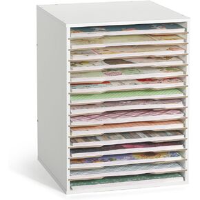 Caydo 15 Slot Paper Organizer Storage, Wood Adjustable Shelves Paper Storage Shelf with Extraction Slot for 12x12Inch Scrapbooks, Heat Transfer Papers, Files, Vinyl fo Office, Home (White)