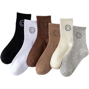 Womens Socks 5 Pairs Cute Smile Face Socks, Happy Face Cotton Mid Crew Socks for Women Socks Set Funny Novelty Gift