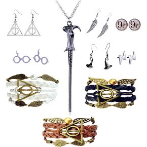 10 pcs Retro Triangle Wings Lightning Magic Hat Glasses Earring Set Magic Wand Pendant Necklace Deathly Hallows and Owls Charm with Black Leather Braid and Rope Bracelet