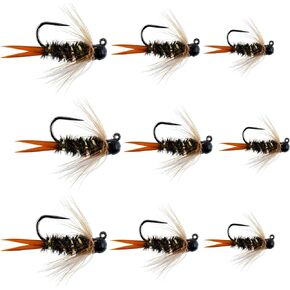 The Fly Fishing Place Black Tungsten Bead Prince Jig Assortment Tactical Czech Nymph Euro Nymphing Fly - 9 Flies Sizes 12, 14, 16