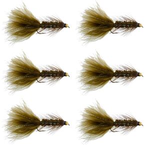 The Fly Fishing Place Dark Olive Bead Head Krystal Woolly Bugger Classic Streamer Flies - Set of 6 Trout Fly Fishing Flies - Hook Size 4