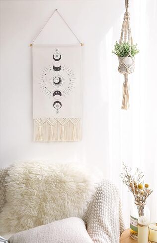 Dahey Moon Phase جدار ديكور نسيج صغير مع Macrame هامش القمر والشمس Boho العمودي الجمالي ملصق المنزل جدار الفن لغرفة النوم النوم شقة غرفة المعيشة هدية عيد الميلاد، 29 "× 16.5" in Kuwait