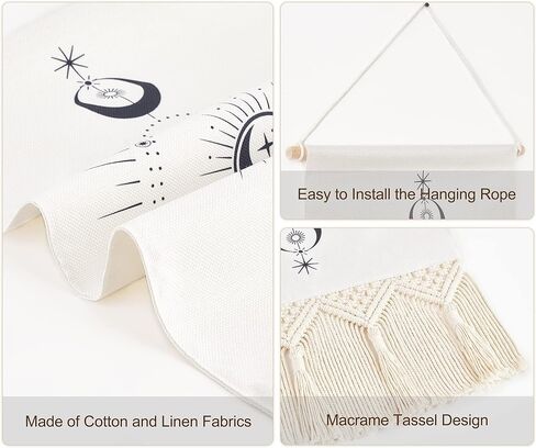 Dahey Moon Phase جدار ديكور نسيج صغير مع Macrame هامش القمر والشمس Boho العمودي الجمالي ملصق المنزل جدار الفن لغرفة النوم النوم شقة غرفة المعيشة هدية عيد الميلاد، 29 "× 16.5" in Kuwait
