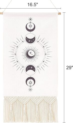 Dahey Moon Phase جدار ديكور نسيج صغير مع Macrame هامش القمر والشمس Boho العمودي الجمالي ملصق المنزل جدار الفن لغرفة النوم النوم شقة غرفة المعيشة هدية عيد الميلاد، 29 "× 16.5" in Kuwait