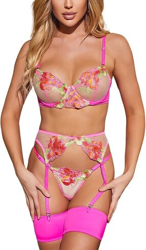 Women's Floral Embroidered Lingerie Set Underwire Bra and G-String Sets with Garter Belt Sheer 4 Piece Lingerie in Saudi Arabia