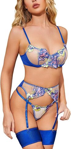 Women's Floral Embroidered Lingerie Set Underwire Bra and G-String Sets with Garter Belt Sheer 4 Piece Lingerie in Saudi Arabia