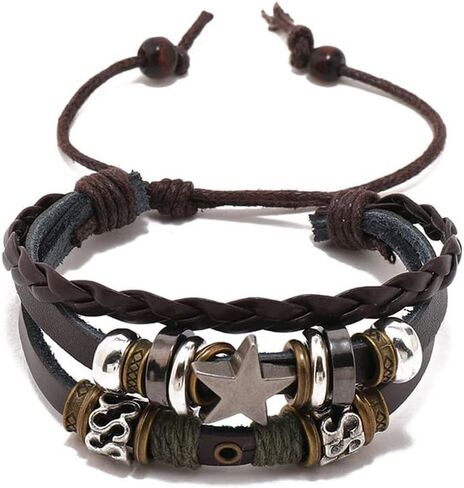 PEAS Punk Jewelry Alloy Bead Star Wristband Braided Multi Layer Pu Leather Drawstring Rope Bracelet in Kuwait