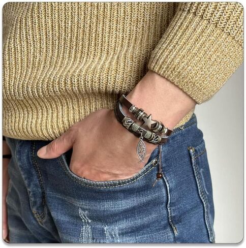 PEAS Punk Jewelry Alloy Bead Star Wristband Braided Multi Layer Pu Leather Drawstring Rope Bracelet in Kuwait