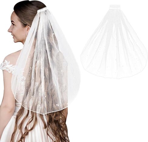 Short Bridal Wedding Veils,1 Tier Pearl White Lace Veil with Comb Wedding Headpiece Bachelorette Party Cathedral Veils for Brides Flower Women Girl Decorations Headband Accessories,55cm/21.7in in Saudi Arabia