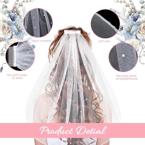 Short Bridal Wedding Veils,1 Tier Pearl White Lace Veil with Comb Wedding Headpiece Bachelorette Party Cathedral Veils for Brides Flower Women Girl Decorations Headband Accessories,55cm/21.7in in Saudi Arabia