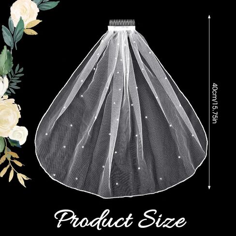 Short Bridal Wedding Veils,1 Tier Pearl White Lace Veil with Comb Wedding Headpiece Bachelorette Party Cathedral Veils for Brides Flower Women Girl Decorations Headband Accessories,55cm/21.7in in Saudi Arabia