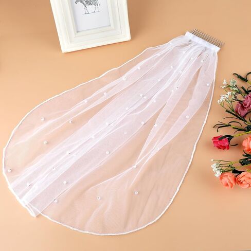 Short Bridal Wedding Veils,1 Tier Pearl White Lace Veil with Comb Wedding Headpiece Bachelorette Party Cathedral Veils for Brides Flower Women Girl Decorations Headband Accessories,55cm/21.7in in Saudi Arabia