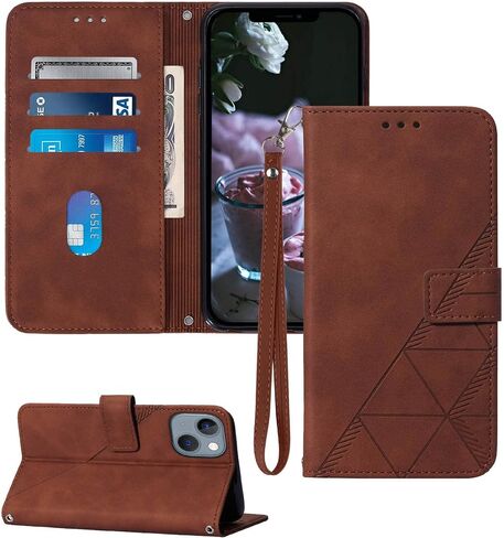Wallet Case with Wrist Strap for iPhone 13/14 (Black) | Card Holder Slots, PU Leather, TPU Interior Protective, Stand, Folio Flip Cases Cover, 13/14 Phone 6.1 inch in Kuwait
