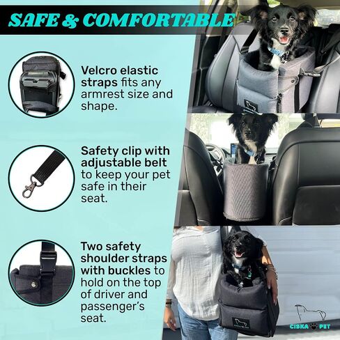 Center Console Dog Car Seat for Small Dog | Pet Booster Seat with Adjustable Strap for Secure, Protective, and Safe Road Trips | Portable, Waterproof, Washable with Ventilated Black Design in Saudi Arabia