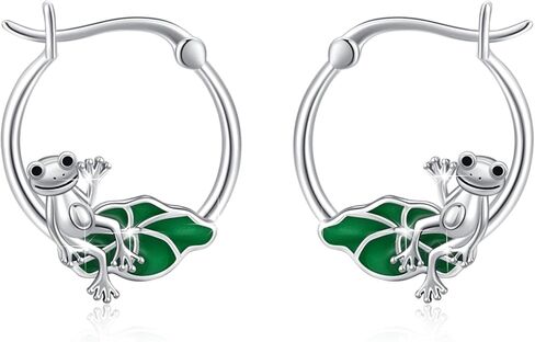 أقراط الضفدع 925 الفضة الاسترليني الضفدع هوب الأقراط مع لوتس ليف الأقراط لطيف الحيوان الأقراط الضفدع المجوهرات الصغيرة هوجي هوب الأقراط هدية للنساء فتاة في سن المراهقة in Kuwait