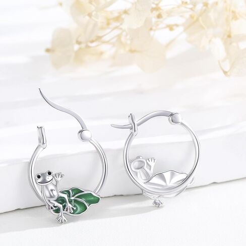 أقراط الضفدع 925 الفضة الاسترليني الضفدع هوب الأقراط مع لوتس ليف الأقراط لطيف الحيوان الأقراط الضفدع المجوهرات الصغيرة هوجي هوب الأقراط هدية للنساء فتاة في سن المراهقة in Kuwait