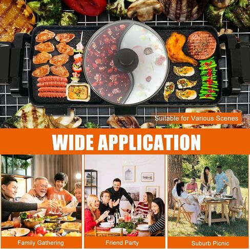 Hot Pot with Grill, 2 in 1 Electric BBQ Grill Hot Pot 25x8.6 inch, Non-Stick Barbecue Grill Indoor, Separate Dual Temperature Control in Saudi Arabia