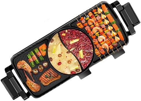 Hot Pot with Grill, 2 in 1 Electric BBQ Grill Hot Pot 25x8.6 inch, Non-Stick Barbecue Grill Indoor, Separate Dual Temperature Control in Saudi Arabia