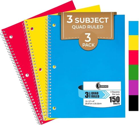 3 دفاتر ملاحظات حلزونية للموضوعات، 12 حزمة، 300 صفحة (150 ورقة)، 8 × 10-1/2 بوصة، دفتر ملاحظات حلزوني شبكي للمدرسة والمكتب، دفاتر ملاحظات حلزونية رباعية المسطرة، دفتر رسم بياني، كتاب حلزوني in Kuwait