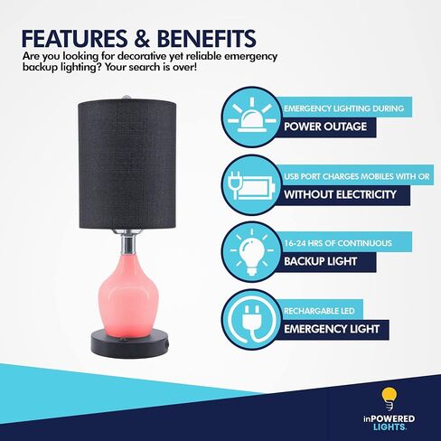 inPOWERED Lights Lamp Angel (Black Shade/Black Base) Standard Electric Night Light or Table Lamp with Emergency Battery Back Up, USB Charging, Color Changing Base, Nursery, Bedroom in Saudi Arabia