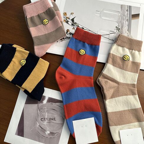 Womens Socks 5 Pairs Cute Smile Face Socks, Happy Face Cotton Mid Crew Socks for Women Socks Set Funny Novelty Gift in Saudi Arabia