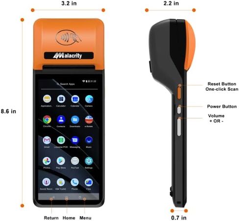 محطة Alacrity المحمولة POS PDA، وحدة مسح ضوئي 1D 2D، طابعة إيصالات 58 مم، Android 12، شاشة لمس 5.9 بوصة تدعم 4G WiFi Bluetooth، مثالية لإدارة قوائم الانتظار والطلبات عبر الإنترنت والجوال والوجبات الجاهزة in Kuwait