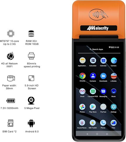 محطة Alacrity المحمولة POS PDA، وحدة مسح ضوئي 1D 2D، طابعة إيصالات 58 مم، Android 12، شاشة لمس 5.9 بوصة تدعم 4G WiFi Bluetooth، مثالية لإدارة قوائم الانتظار والطلبات عبر الإنترنت والجوال والوجبات الجاهزة in Kuwait