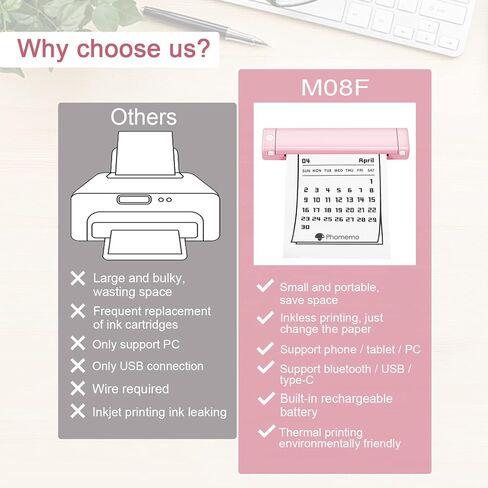 طابعات RESHY المحمولة اللاسلكية للسفر - M08F طابعة حرارية متنقلة تعمل بتقنية البلوتوث بدون حبر، تدعم الحروف الأمريكية مقاس 8.5 بوصة × 11 بوصة، متوافقة مع هواتف Android وiOS والكمبيوتر المحمول in Kuwait
