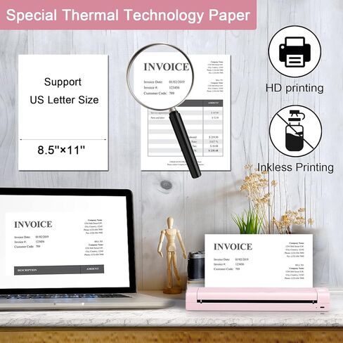 طابعات RESHY المحمولة اللاسلكية للسفر - M08F طابعة حرارية متنقلة تعمل بتقنية البلوتوث بدون حبر، تدعم الحروف الأمريكية مقاس 8.5 بوصة × 11 بوصة، متوافقة مع هواتف Android وiOS والكمبيوتر المحمول in Kuwait