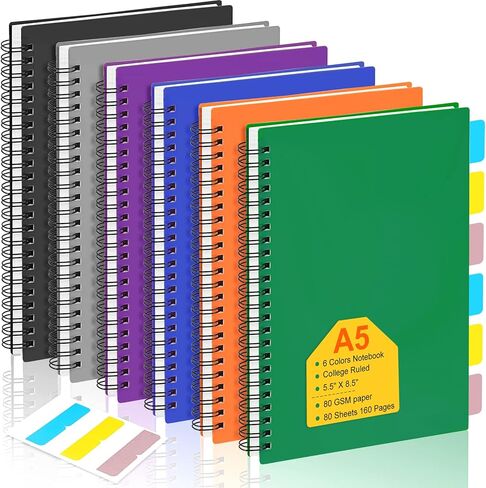 EOOUT 6 عبوات من دفاتر الملاحظات الحلزونية المسطرة بالكلية، 5.7 × 8.3 بوصة، 80 ورقة كتابة يومية، غطاء بلاستيكي مقاوم للماء مع ملصقات 3 ألوان للعمل واللوازم المدرسية in Kuwait