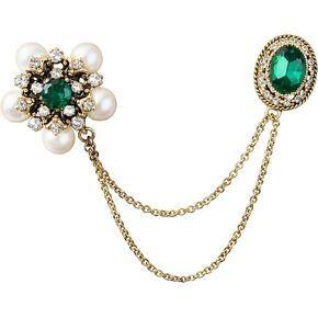 Elegant Vintage Brooches For Women - Stunning Crystal Pearl Flower Lapel Pin. Beautiful Rhinestone Tassel Long Chain Jewelry, Excellent Simulated Emerald Green Accessories in Saudi Arabia