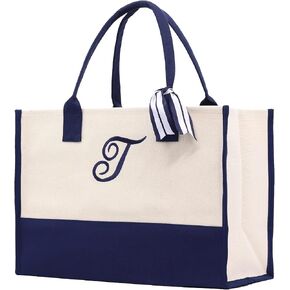 VANESSA ROSELLA Premium Quality Personalized Gift Monogram Initial 100% Cotton Chic Tote Bag with Customize Option - Navy in Saudi Arabia