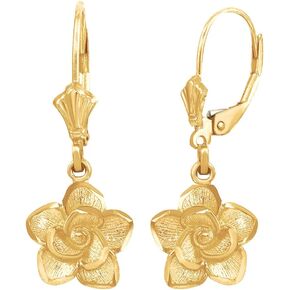Certified 14K Rose, White, or Yellow Gold Rose Flower Leverback Earrings in Kuwait