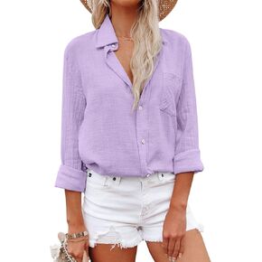 Paintcolors Women's Button Up Tunics Cotton Button Down Shirt with Pockets Solid Color Long Sleeve Blouse Tops in Saudi Arabia