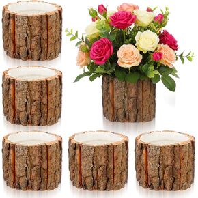 6 Pcs Wooden Vase for Centerpieces, Rustic Bark Stump Buckets Vintage Planter Pots for Garden Baby Shower Window Home Garden Wedding Party Decor in Saudi Arabia