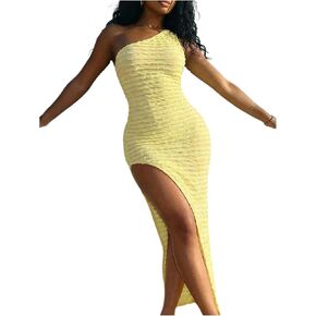 RoseSeek Women's Textured Bodycon Maxi Dress One Shoulder Sleeveless High Slit Summer Going Out Dress in Saudi Arabia