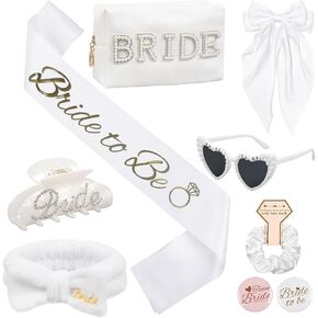 WOVOWOVO Bridal Shower Gifts for Bride To Be: Bachelorette Party Accessories Wedding Gifts - Bride Sash, Makeup Bag, Hair Clip, White Hair Bow, Sunglasses and Facial Headband in Kuwait