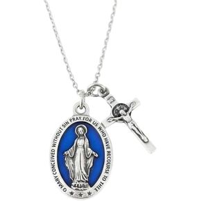 Blue Miraculous Mary Necklace with Crucifix Catholic Jewelry Medal Pendant | Handcrafted silver Miraculous Mary medal paired with a detailed crucifix on a durable stainless steel chain in Kuwait