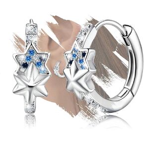 S925 Sterling Silver Star Huggie Earrings with Blue Cubic Zirconia Celestial Double Star Hoop Earrings for Women Hypoallergenic Small Cartilage Cuff Star Dainty Gifts for Birthday Party Girlfriend in Saudi Arabia